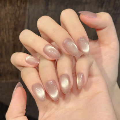 10pcs Handmade Press On Nails Solid Color Glossy Glass Beads Cat's Eye False Nails Full Cover Short Almond Fake Nail For Women