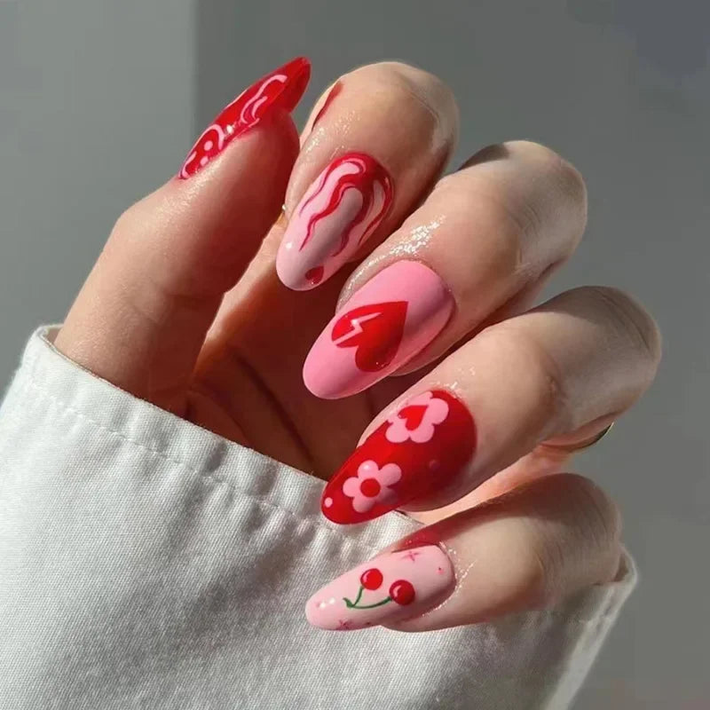 24Pcs Almond False Nails with Leopard Print Designs Long Stiletto French Press on Nails Wearable Spike Full Cover Fake Nail Tips