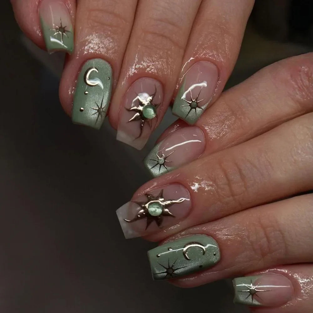 24pcs Romantic Y2k Star Press On Nails Gradient Blue French Style Gold Moon Designs Fake Nail Sweet Almond False Nails For Women