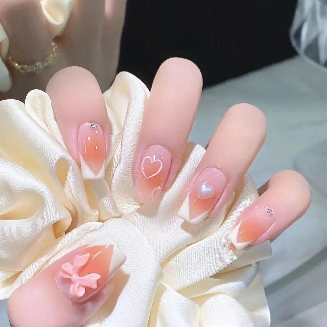 24Pcs Glitter Diamond Press On Nails Sweet Cute Girl Acrylic Nails Full Cover Short Square Fake Nails Wearable Manicure Nail Tip