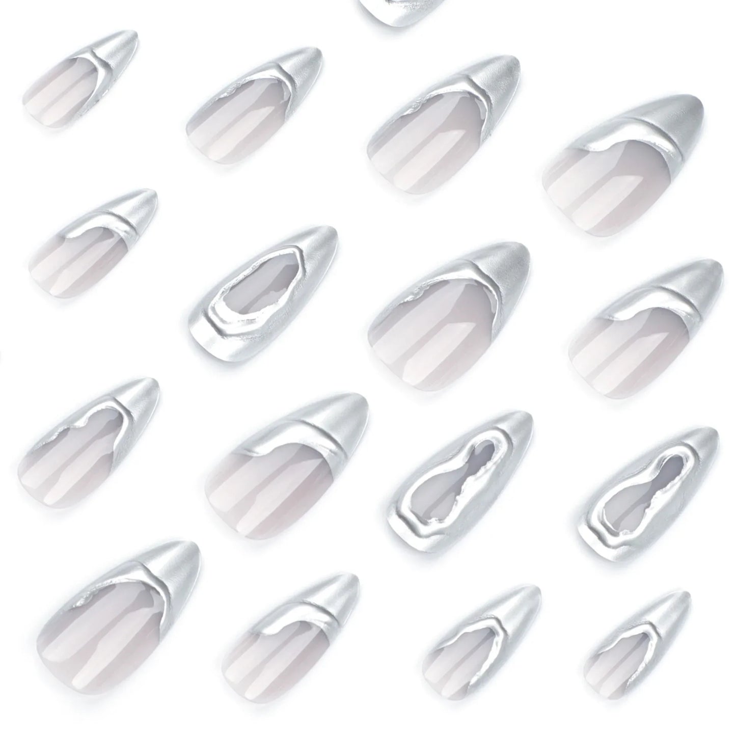 24pcs French Sliver Fake Nails 3D Sliver Mirror Design Almond Press on Nails for Girls Full Cover Wearable Y2k False Nail Tips