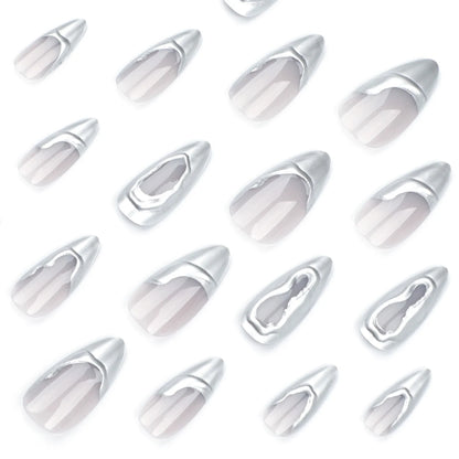 24pcs French Sliver Fake Nails 3D Sliver Mirror Design Almond Press on Nails for Girls Full Cover Wearable Y2k False Nail Tips