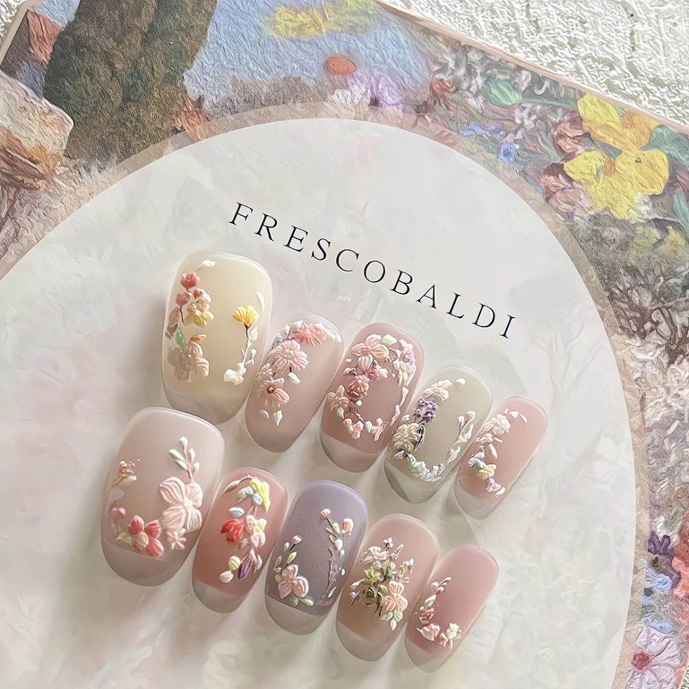10Pcs 3D Embroidery Feel Colorful Flowers Caramel Iced Coffee Camellia Gilded Gold Wearing Armor Press on Nails Trend Nail Art