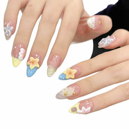 10pcs Handmade Press On Nails Almond False Nails 3D Starfish Flower Decor Glitter French Fake Nails Fashion Flash Y2K Nail Art