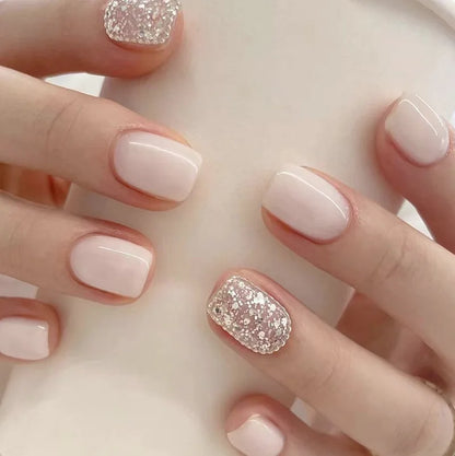 24Pcs Shiny Pearl Wearable False Nails Short Square Fake Nail Simple Summer Press on Nails Detachable Full Cover Nail Tips