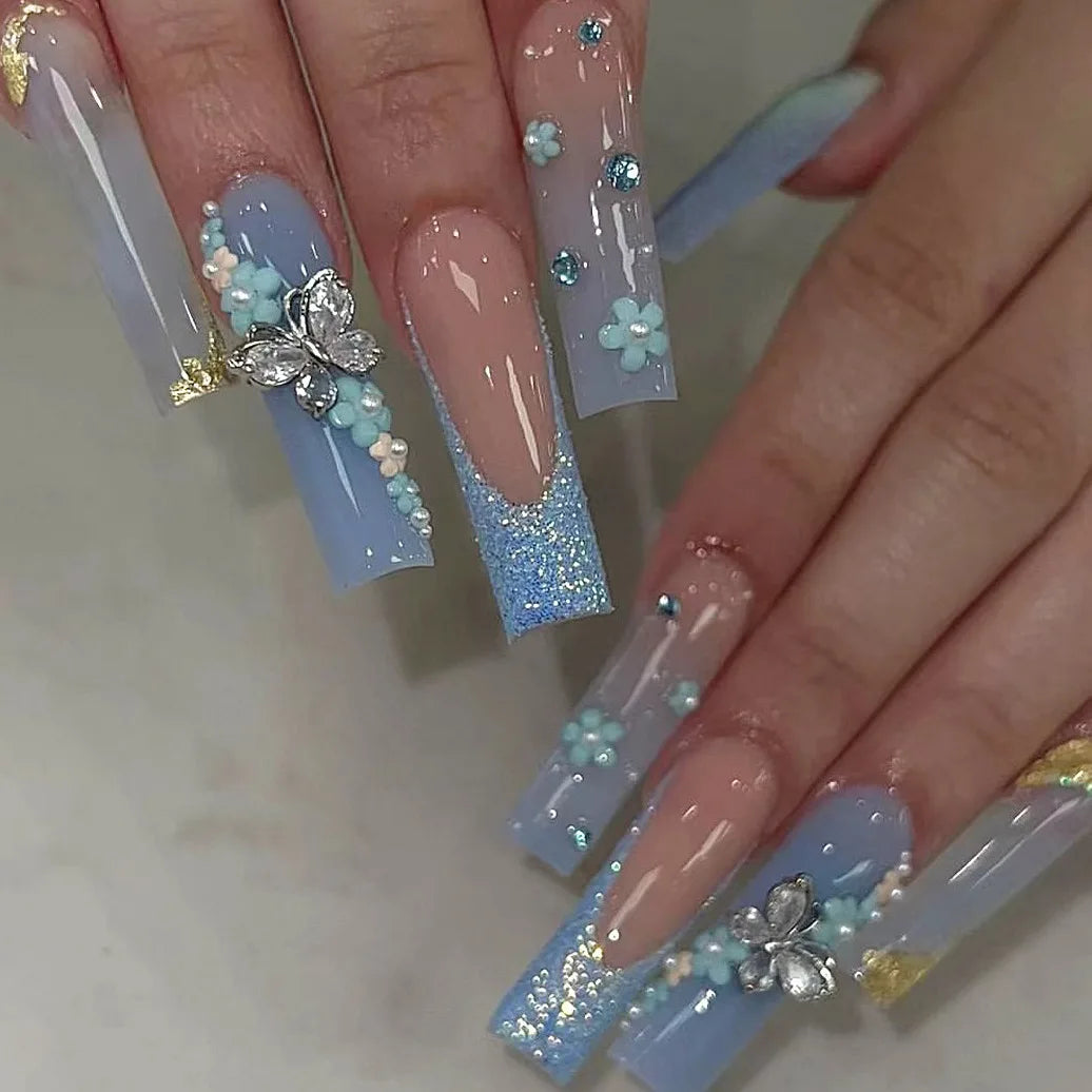 24Pcs Gold French Border False Nails Long Coffin False Nails with Rhinestones Ballerina Full Cover Nail Tips Press on Nails
