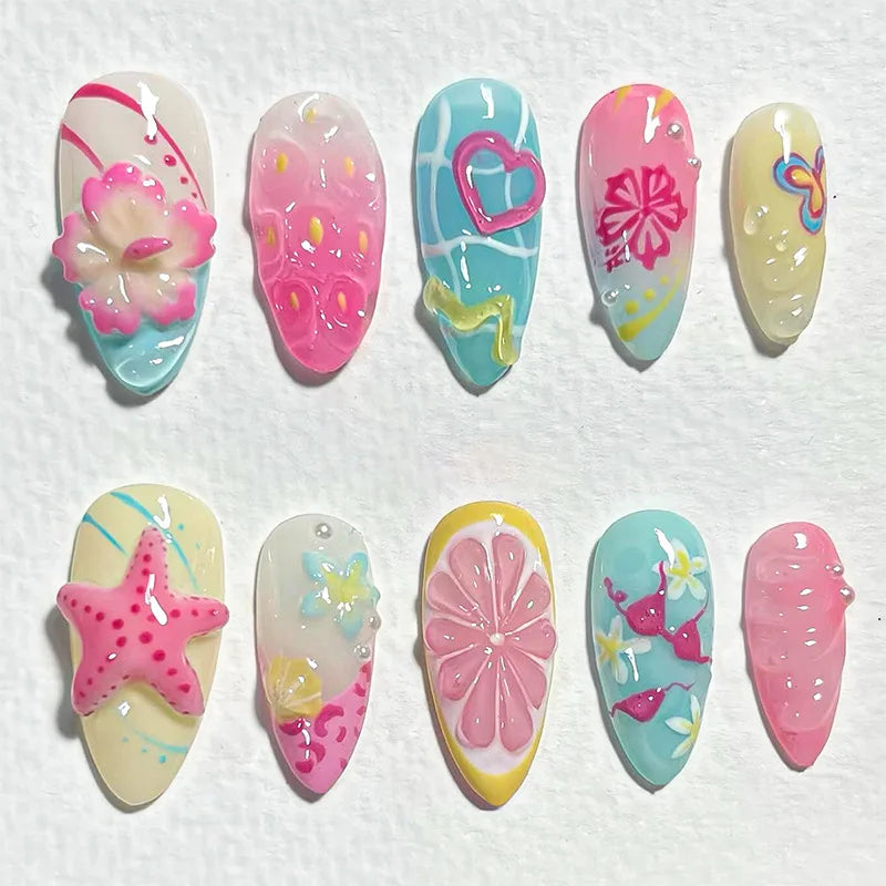 24pcs Almond False Nails Tips Summer Beach Colorful Nails Sets with Pearl Flower Design Press on Nails Art Wearable Fake Nail