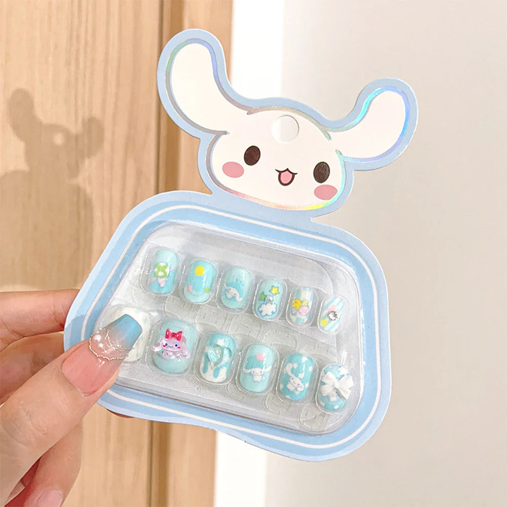 12pcs Kids 3D Stereo Sanrio Fake Nails Patch Sweet Girls Cute Cartoon Hello Kitty press on nails Kuromi Child Wearable FalseNail