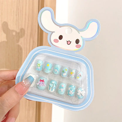 12pcs Kids 3D Stereo Sanrio Fake Nails Patch Sweet Girls Cute Cartoon Hello Kitty press on nails Kuromi Child Wearable FalseNail