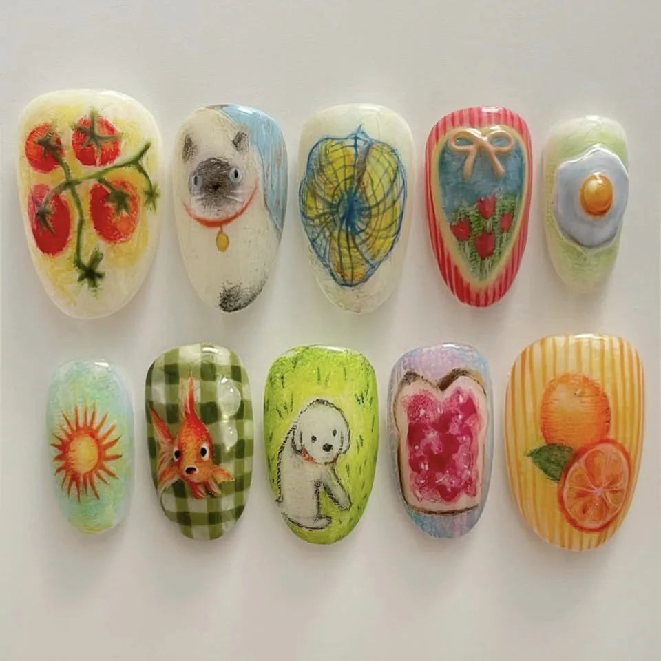 24pcs Cute Cartoon Fake Nail Tips Oil Painting Series Printed Almond Press On Nail Sweet Cool Charming False Nail For Spicy Girl