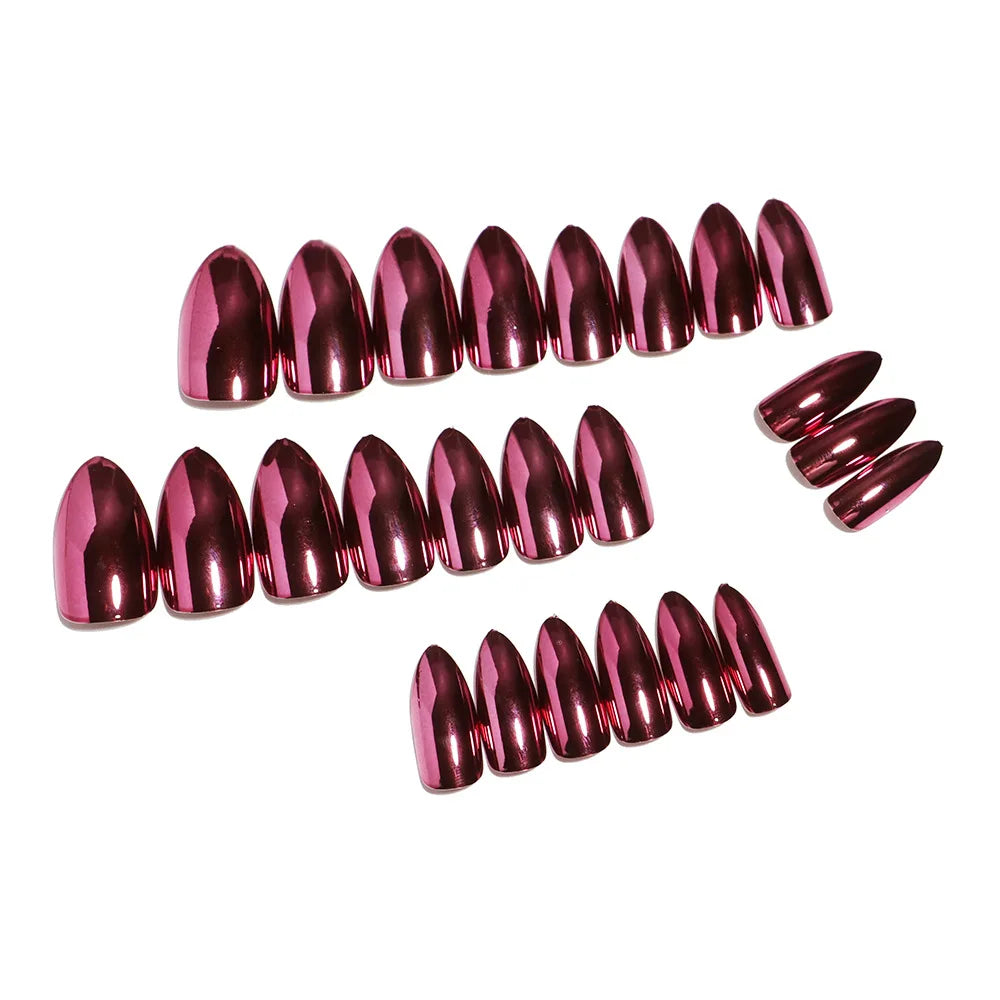 24pc/set Medium almond fake nails metallic mirror red black purple blue golden tips faux ongles y2k press on acylic false nail