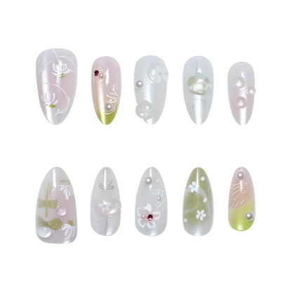 10pcs Handmade Press on Nails Cartoon Shark Pattern Design Fake Nails Wearable Detachable Ins Simple Almond Shaped False Nails
