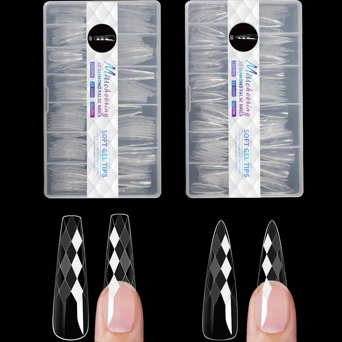 3D Diamond Rhombus False Clear Nail Tips Long Stiletto Coffin Full Cover Nail Art Decoration Tools 12 Sizes 120PC Press On Nails