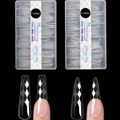 3D Diamond Rhombus False Clear Nail Tips Long Stiletto Coffin Full Cover Nail Art Decoration Tools 12 Sizes 120PC Press On Nails