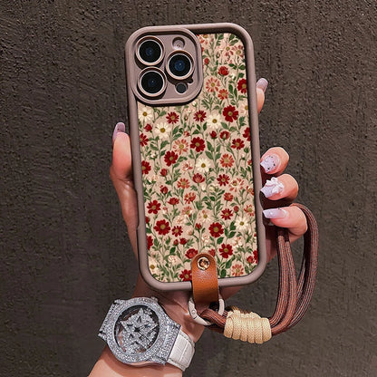 Cute Flower Pattern Lanyard Strap Rope Phone Case For iPhone 16 17 Pro Max 11 12 13 14 15 16E XS X XR 7 Plus Silicone Soft Cover