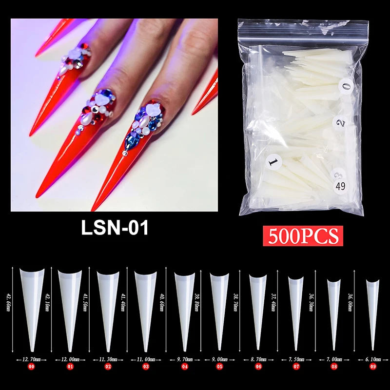 Super Long Sharp Nail Tips Fake Natural Transparent False Nails Durable Extension Acrylic UV Gel Manicure Salon Tools Supplies
