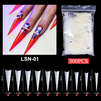 Super Long Sharp Nail Tips Fake Natural Transparent False Nails Durable Extension Acrylic UV Gel Manicure Salon Tools Supplies