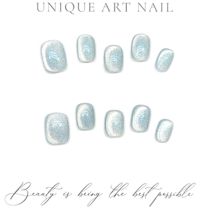 10Pcs Short Handmade Light Green Press On Nails Cat Eyes Pure Ballerina Decoration Wearable False Nails Full Cover Nail Tips Art