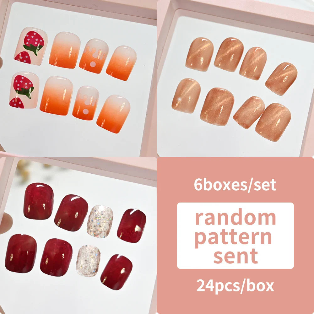 6 Boxes/set Press On Nails Full Cover Sweet Pink Red Short Round Head False Nails Manicure Wearable Nail Tips with Jelly Gel