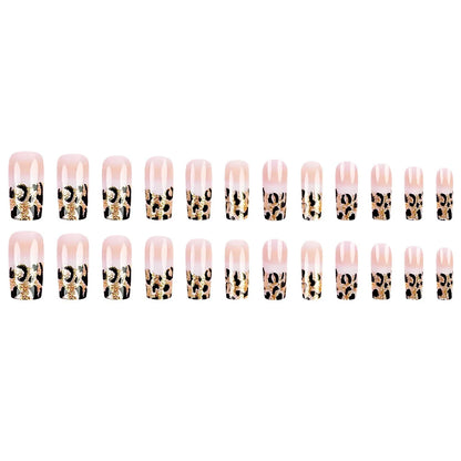 24pcs Luxe Fashion Press-On Nails Set - Long Square Glossy Finish with Leopard Print French Design - Perfect for Women and Girls