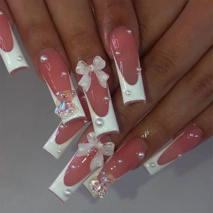 24Pcs Long Square False Nails Simple White French Fake Nails Wearable Ballet Coffin Full Cover Nail Tips Acrylic Press on Nails