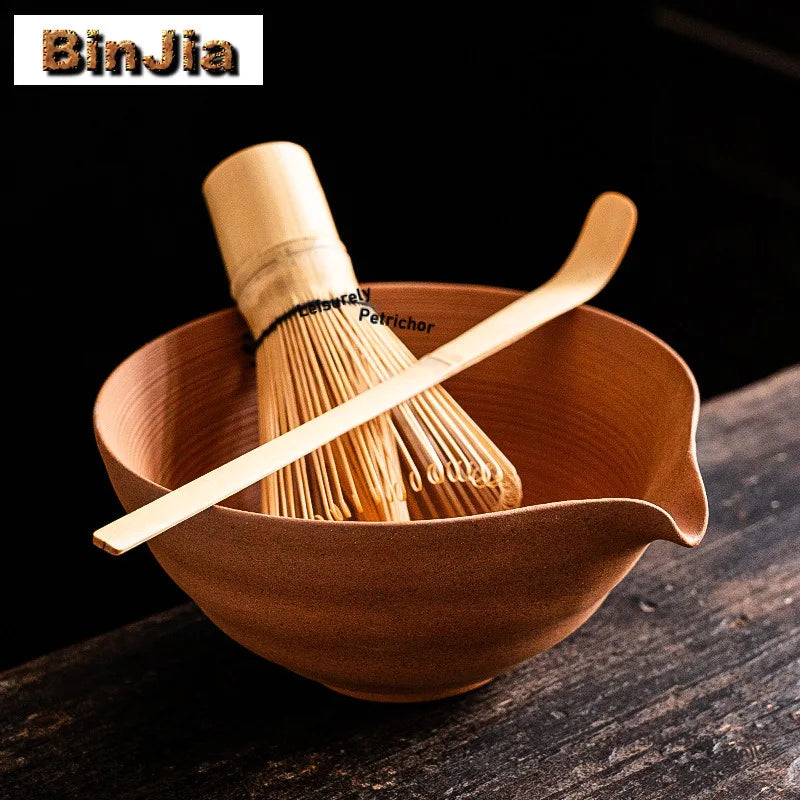 Unglazed Coarse Pottery Old Rock Clay Tea Set Complete Set Japanese Matcha Set Kit Matcha Bowl Bamboo Tranditional Tea Sets