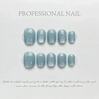 10Pcs Short Ballerina Handmade Press on Nails Blue Cat Eye Fake Nails Wearable Stick-on Nails Full Cover False Nail Uñas 네일팁