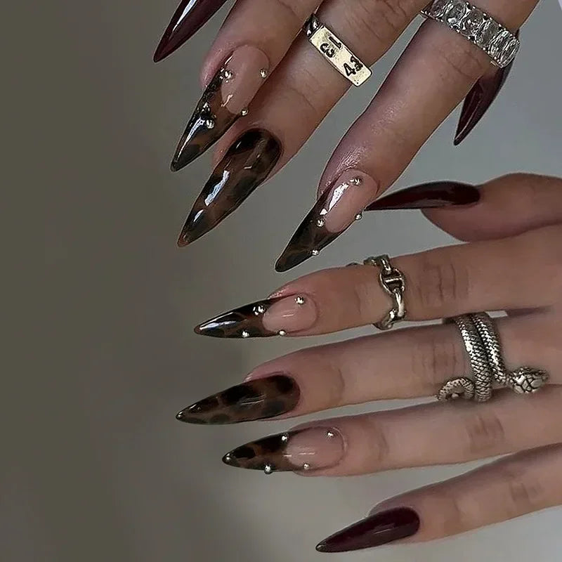 24Pcs Y2k Almond Acrylic Nails Full Cover 3D Diamond Black Nail Art Sweet Cool French Wearable Fake Nail Manicure Tips for Girls