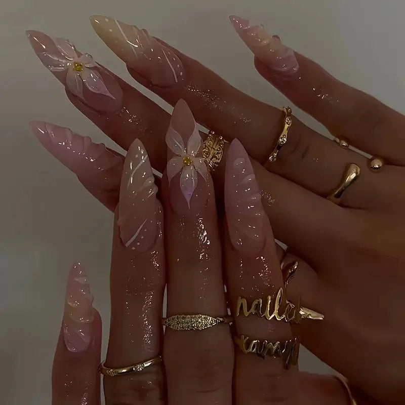 24pcs Mid-length Almond Press on Nails Sets Wearable Gradient Pink Flower Pearl Design False Nail French Fake Nail Finished Tips