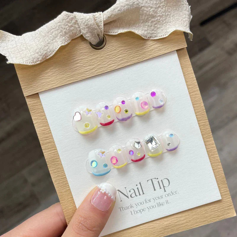 Short Nails Set Press On Handmade Professional Nails 3D Heart Designs Charms Artificial Nails For Teens Nailworld Store Nail Art