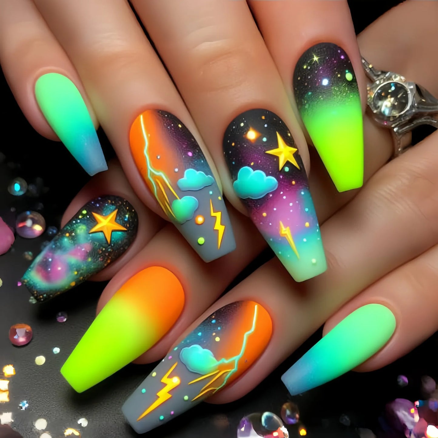 24pcs/set Medium long square fake nails for women starry sky gradient black blue purple moon star design press on false nails
