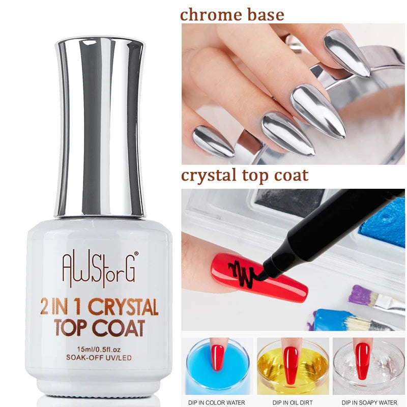 AWStorG15ml 2 IN 1 Crystal Top Coat Transparent Soak Off UV LED Nails Art Manicure Gel Nail Polish Varnishes Primer Function Gel