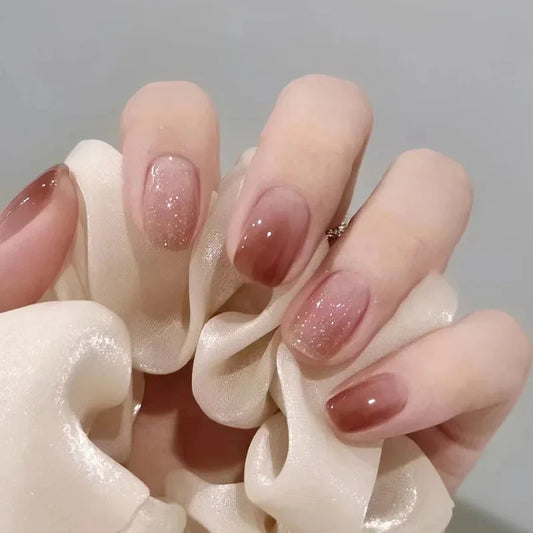 24Pcs Full Cover Nail Tips Short Simple False Nails Wearable Round Head Fake Nails Gradient Artifical Finished Press on Nails
