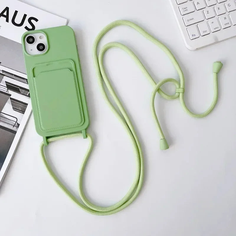Soft Silicone Crossboby Lanyard Rope Fall Prevention Phone Case for IPhone 16 15 Pro Max 14 Plus 13 12 11 Card Slot Holder Cover