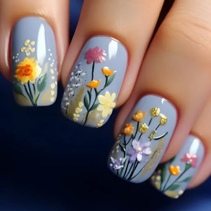 24Pcs White French Fake Nails with Glitter Rose Pattern Press on False Nails Gold Edge Line Design Artificial Nail Tips Art Long