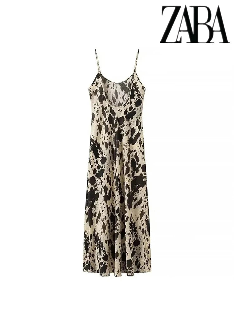 TRAF Women's Silk Textured Leopard Midi Sleeveless Sexy V-Neck Backless Halter Dress Street Fashion Loose Women's Dresses