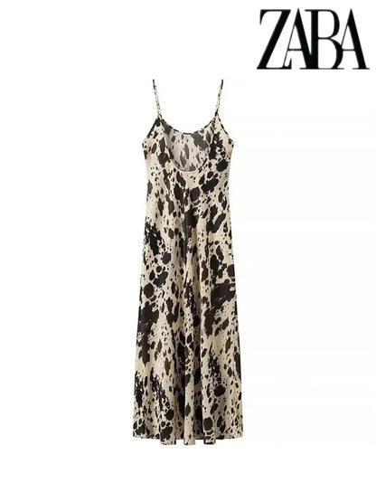 TRAF Women's Silk Textured Leopard Midi Sleeveless Sexy V-Neck Backless Halter Dress Street Fashion Loose Women's Dresses