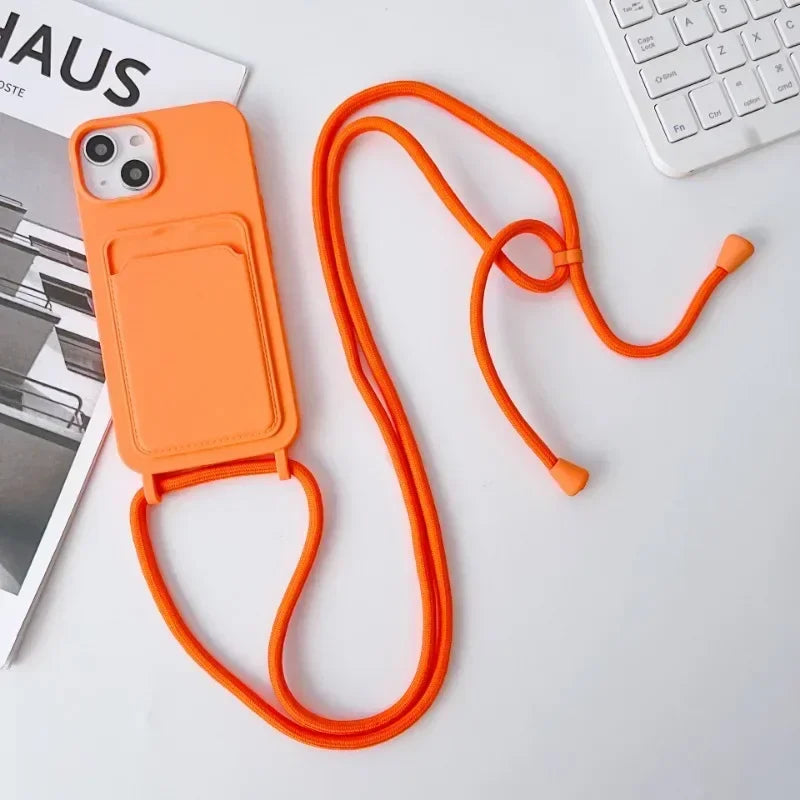 Soft Silicone Crossboby Lanyard Rope Fall Prevention Phone Case for IPhone 16 15 Pro Max 14 Plus 13 12 11 Card Slot Holder Cover