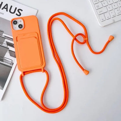 Soft Silicone Crossboby Lanyard Rope Fall Prevention Phone Case for IPhone 16 15 Pro Max 14 Plus 13 12 11 Card Slot Holder Cover