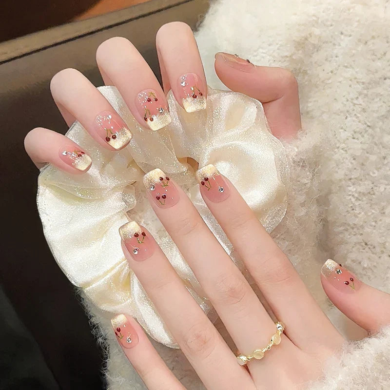 10Pcs French Cat Eye Square Handmade Press on Nail Fake Nails with Cherry Pattern Handmade Wearable False Nail Uñas Postizas 네일팁