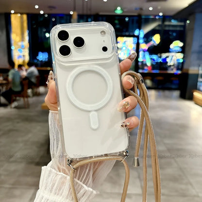 Crossbody Lanyard Necklace Rope Clear Case For iPhone 13 14 Plus 15 16 17 Pro Max For Magsafe Magnetic Wireless Charging Cover