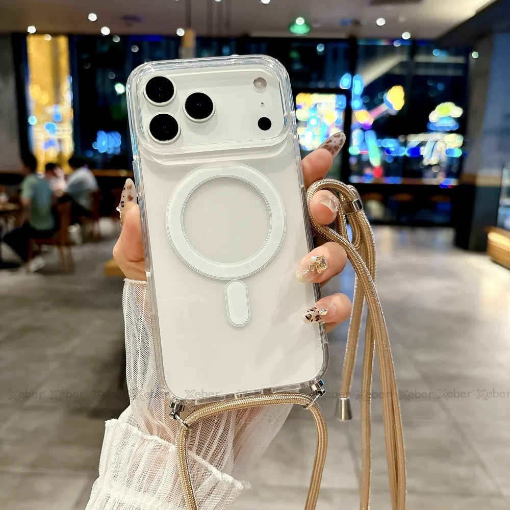 Crossbody Lanyard Necklace Rope Clear Case For iPhone 13 14 Plus 15 16 17 Pro Max For Magsafe Magnetic Wireless Charging Cover
