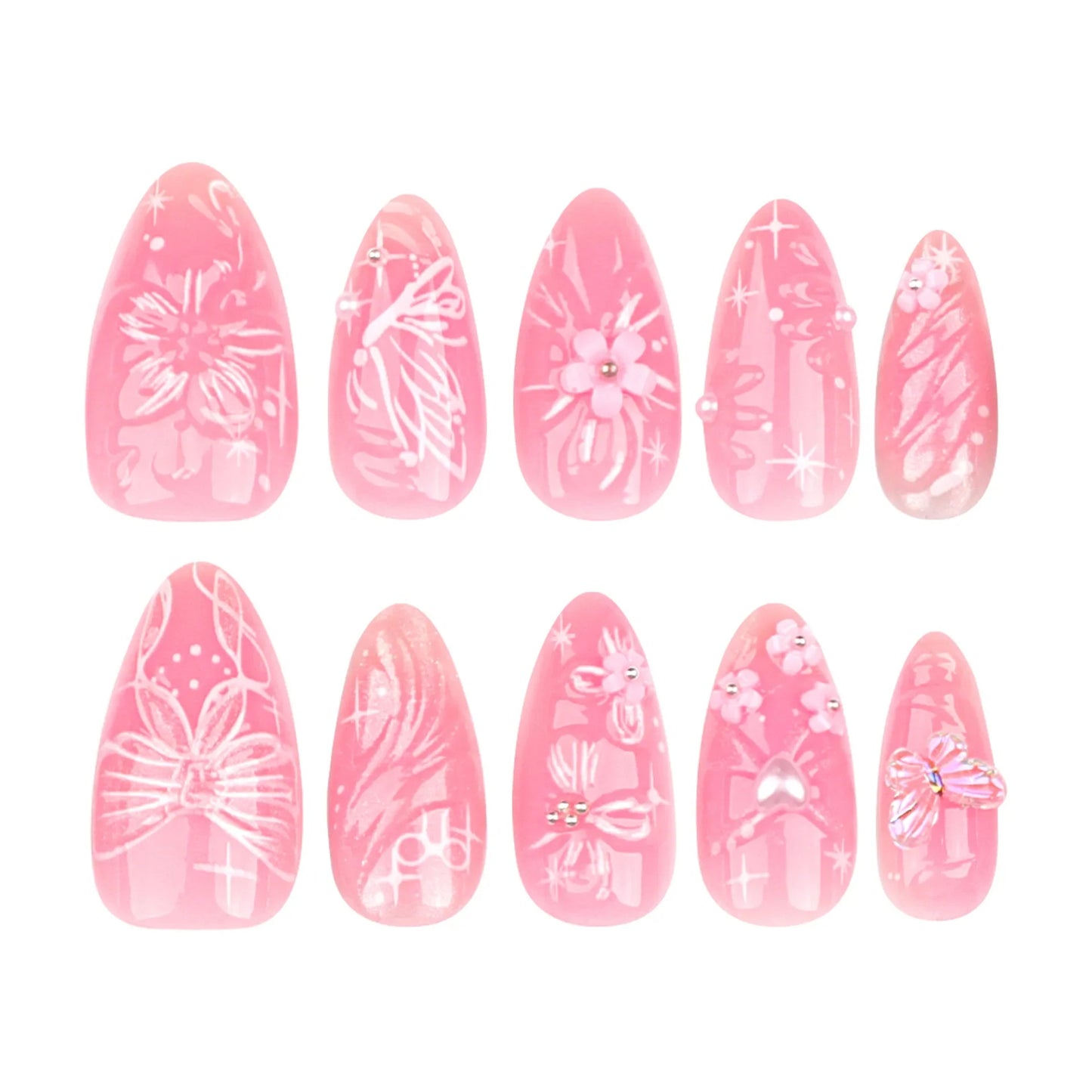 24pcs Sweet Pink Fake Nail Patches Blush 3D Bows Flower Pearl Buttertfly Press On Nails Wearable Almond Korean False Nail Tips