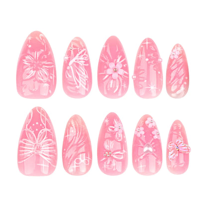 24pcs Sweet Pink Fake Nail Patches Blush 3D Bows Flower Pearl Buttertfly Press On Nails Wearable Almond Korean False Nail Tips