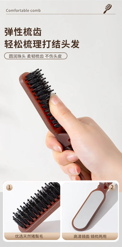 1Pc Foldable Bristle Comb with Mirror Mane Bristle Hair Brush Portable Pocket Collapsible Travel Massage Salon Hair Styling Tool