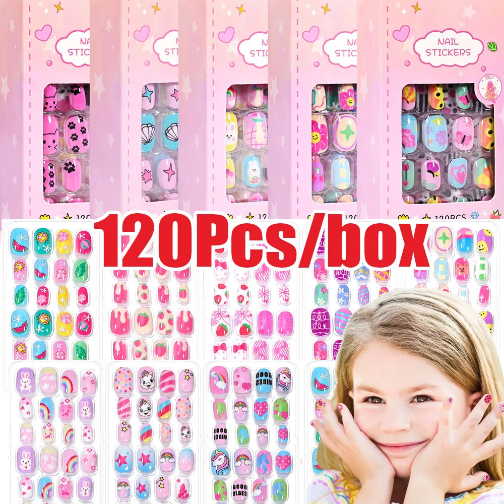 120Pcs/box Cartoon Girl Fake Nail Tips 5-12Year Cute Princess Cat/Rabbit/Unicorn Press-On Nail DIY Kawaii Girl Manicure Tip