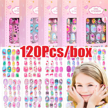 120Pcs/box Cartoon Girl Fake Nail Tips 5-12Year Cute Princess Cat/Rabbit/Unicorn Press-On Nail DIY Kawaii Girl Manicure Tip
