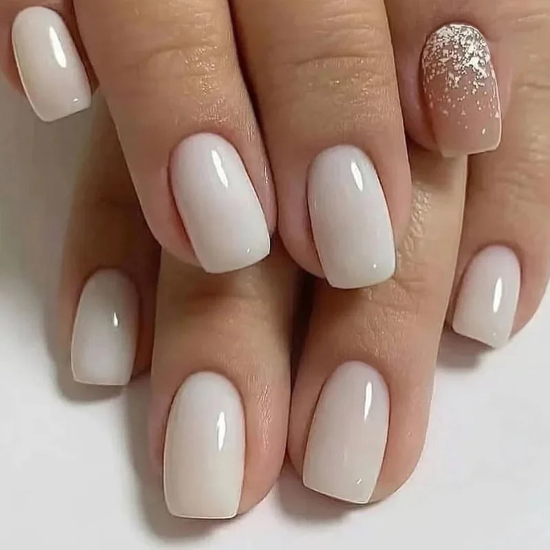 24Pcs Shiny Pearl Wearable False Nails Short Square Fake Nail Simple Summer Press on Nails Detachable Full Cover Nail Tips