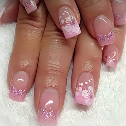 24pcs Sweet Cool False Nails Gradient French Fake Nail Tips with Purple Flowers Design Short Square Press on Nails Colorful Nail