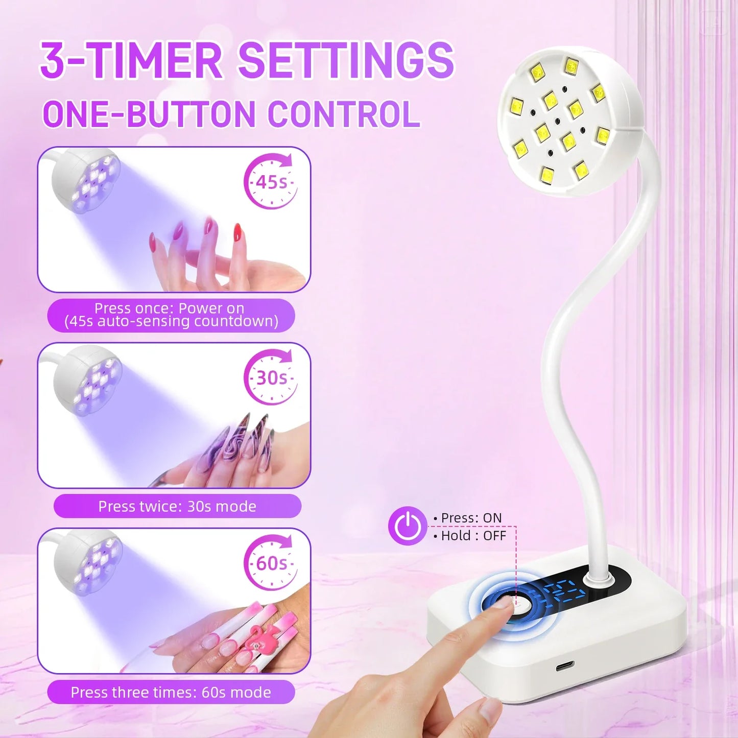 36W Rechargeable UV LED Nail Lamp Cordless 12LEDS Nail Dryer 360° Bendable Fast Drying Nail Manicure Polish Glue Gel Curing Lamp